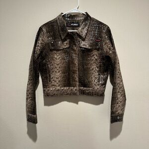 FUBU Women's Faux Snake Skin Brown Cropped Jacket